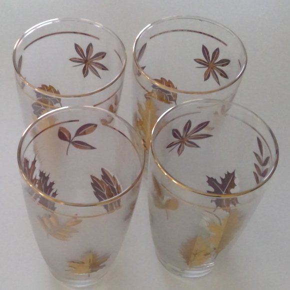 Vintage MCM Libbey Gold Foliage frosted leaf pattern glasses - Picture 1 of 12